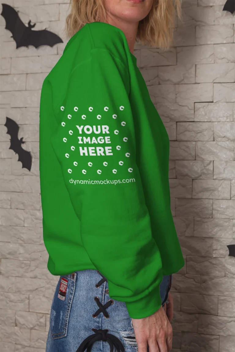 Woman Wearing Green Hoodie Mockup Side View Template