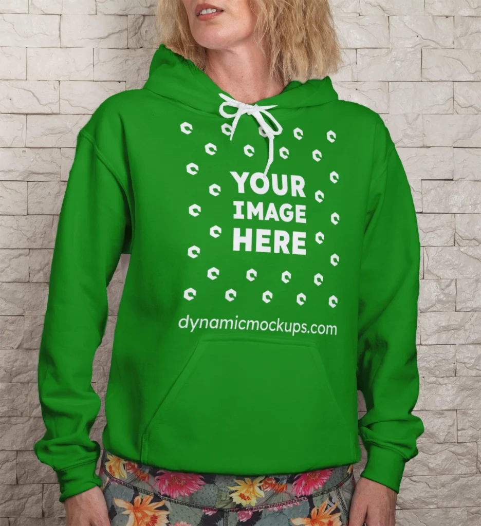 Woman Wearing Green Hoodie Mockup Front View Template