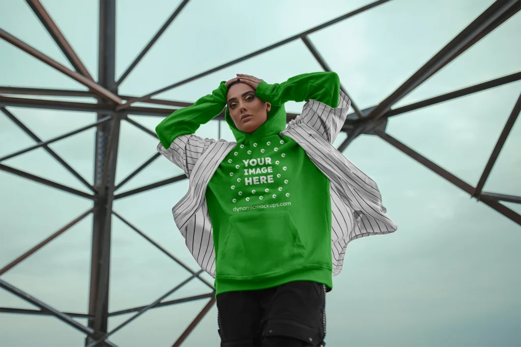 Woman Wearing Green Hoodie Mockup Front View Template