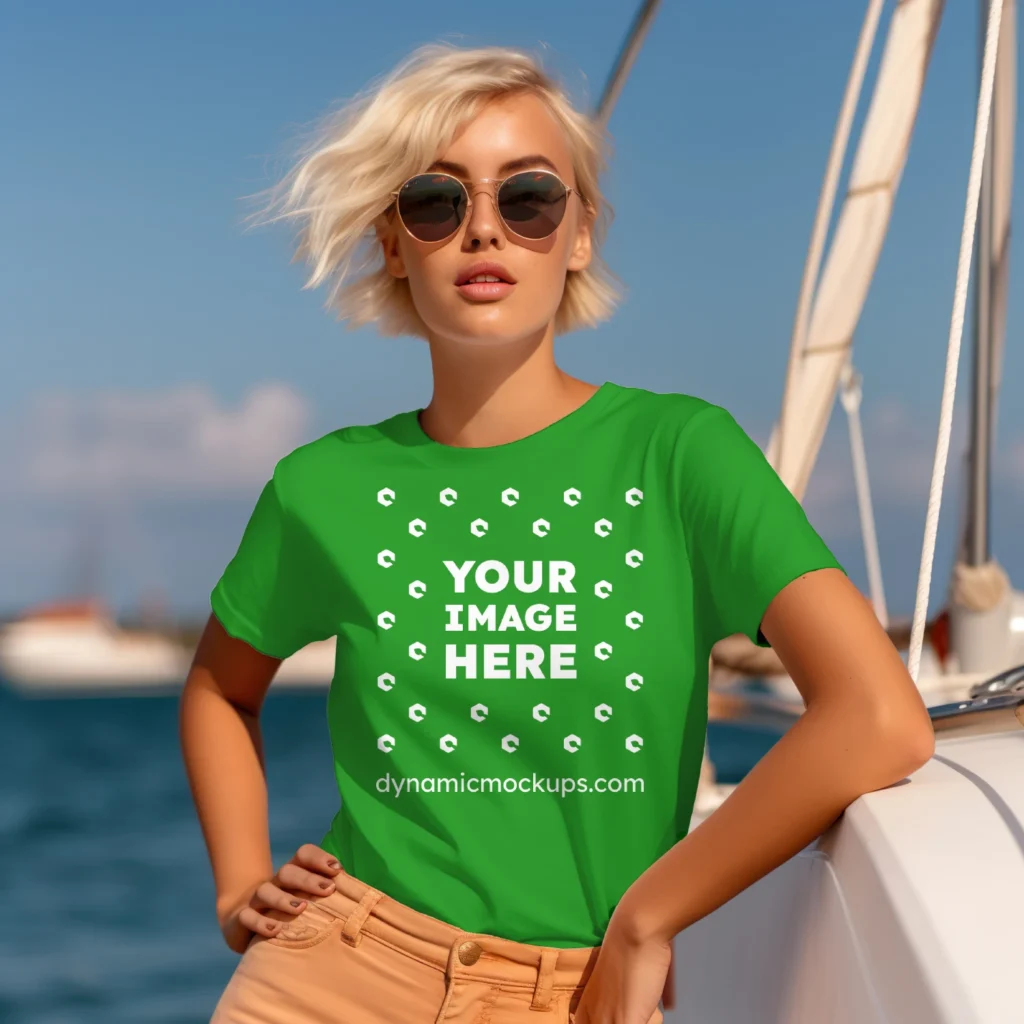 Woman Wearing Green T-shirt Mockup Front View Template