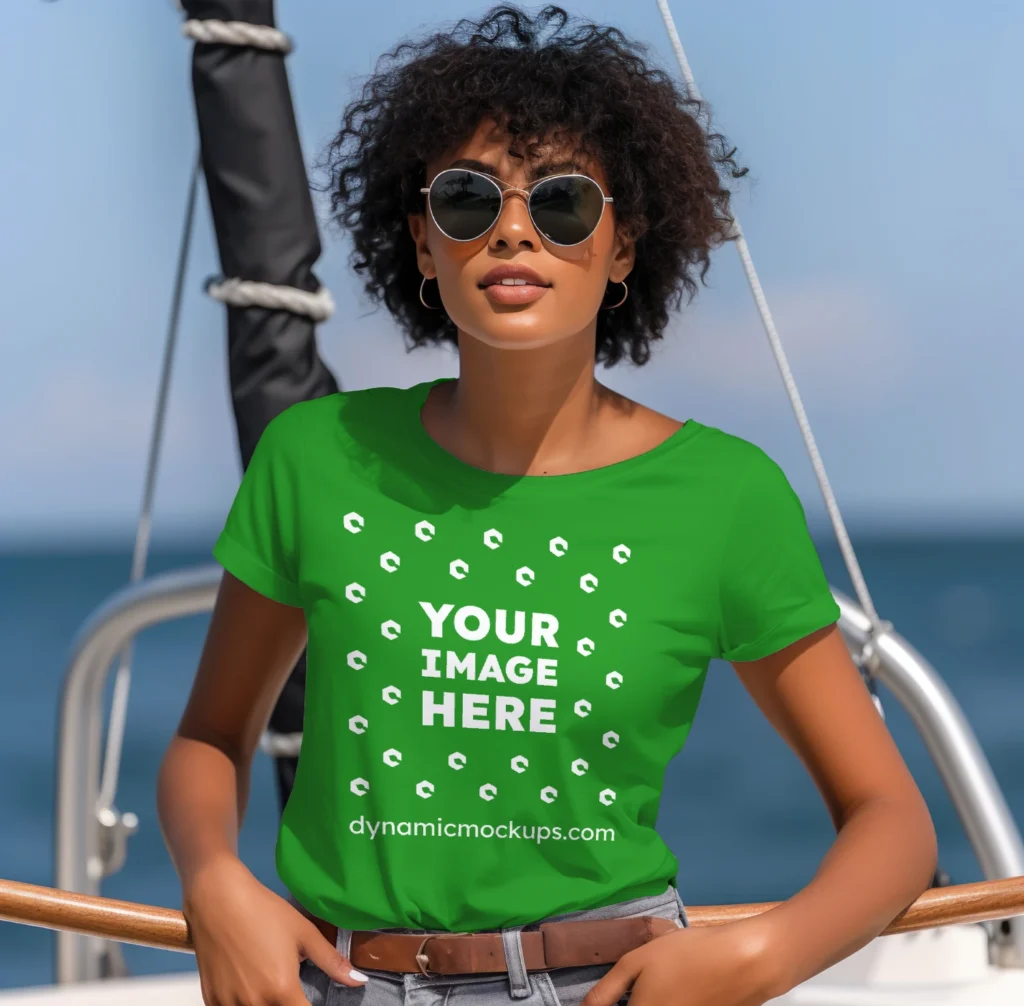 Woman Wearing Green T-shirt Mockup Front View Template