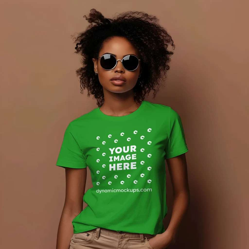 Woman Wearing Green T-shirt Mockup Front View Template