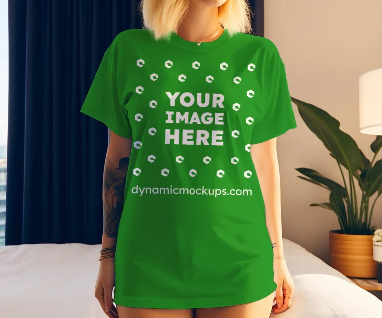 Woman Wearing Green T-shirt Mockup Front View Template