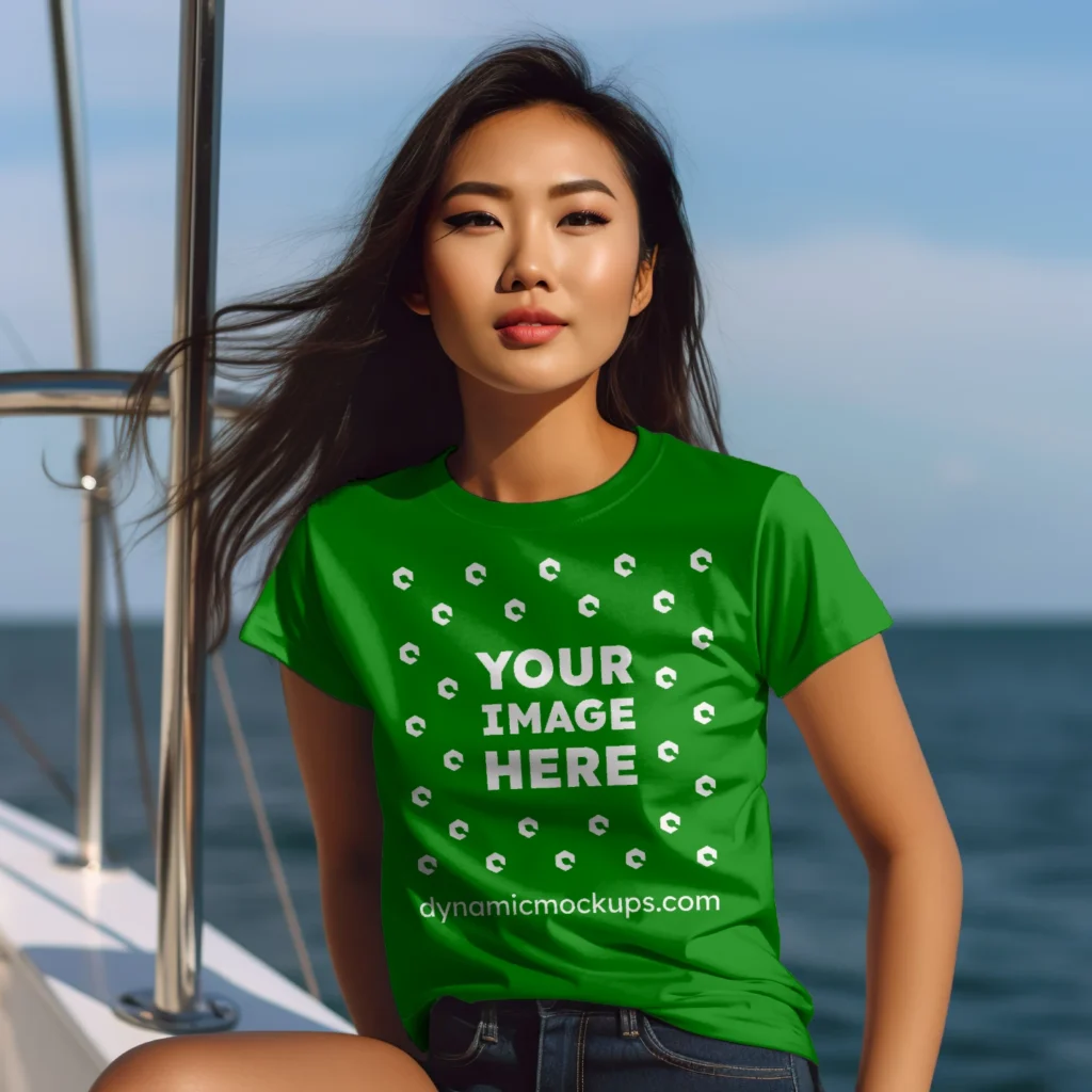 Woman Wearing Green T-shirt Mockup Front View Template