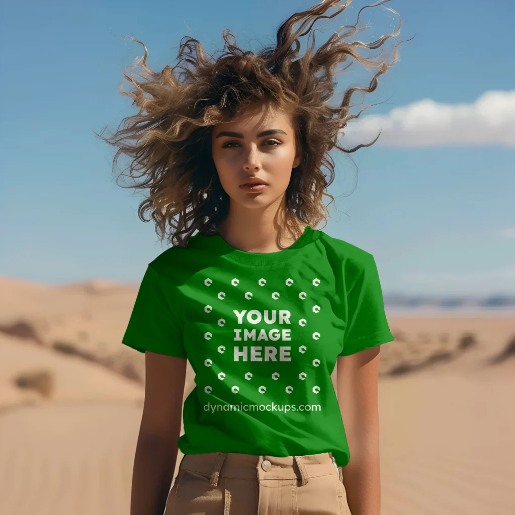 Woman Wearing Green T-shirt Mockup Front View Template