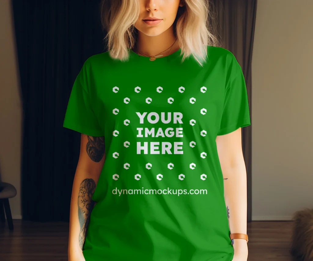 Woman Wearing Green T-shirt Mockup Front View Template