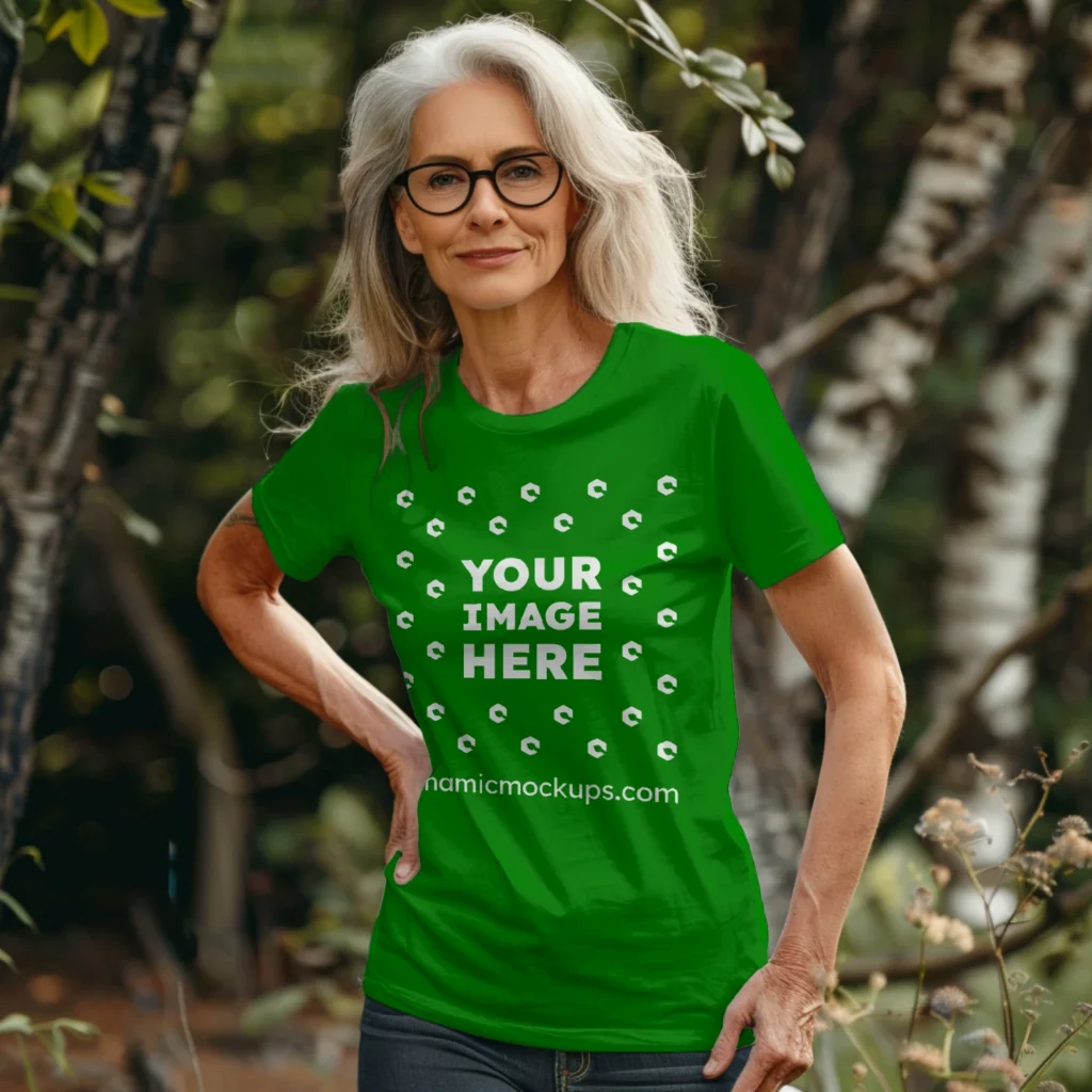 Woman Wearing Green T-shirt Mockup Front View Template