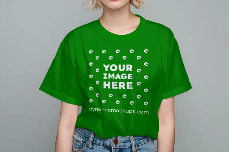 Woman Wearing Green T-shirt Mockup Front View Template