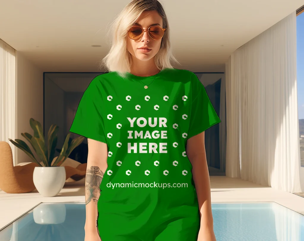 Woman Wearing Green T-shirt Mockup Front View Template