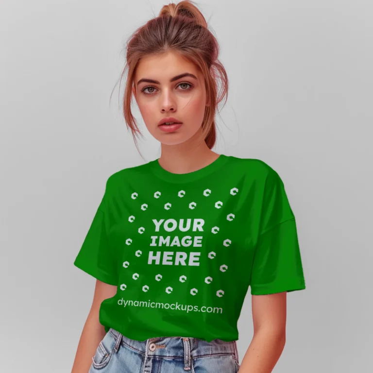 Woman Wearing Green T-shirt Mockup Front View Template