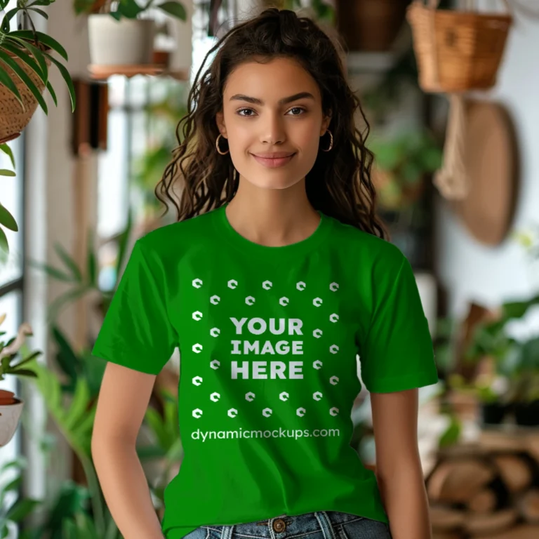 Woman Wearing Green T-shirt Mockup Front View Template