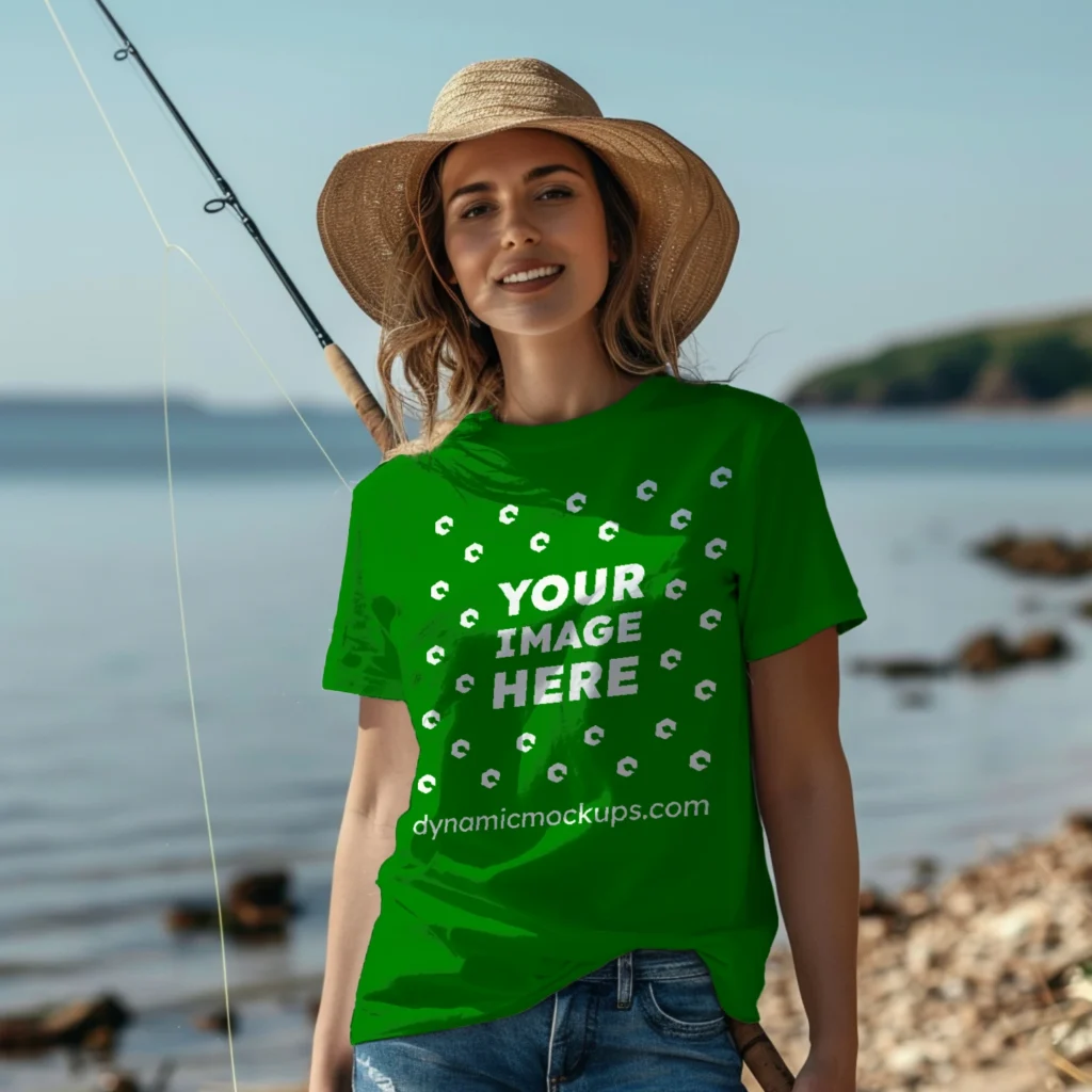 Woman Wearing Green T-shirt Mockup Front View Template