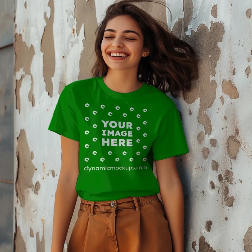 Woman Wearing Green T-shirt Mockup Front View Template