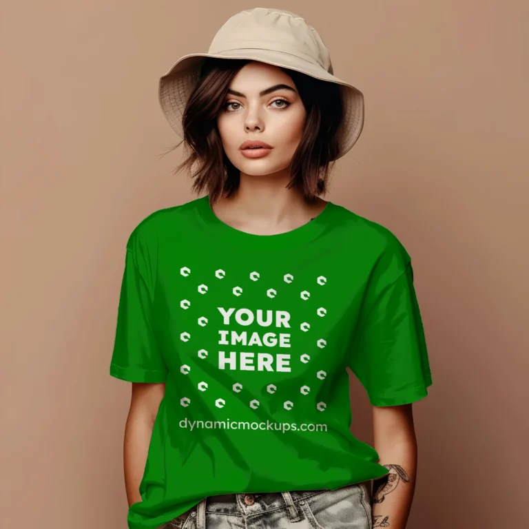 Woman Wearing Green T-shirt Mockup Front View Template