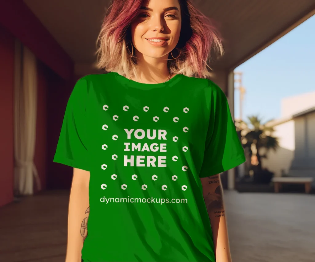 Woman Wearing Green T-shirt Mockup Front View Template