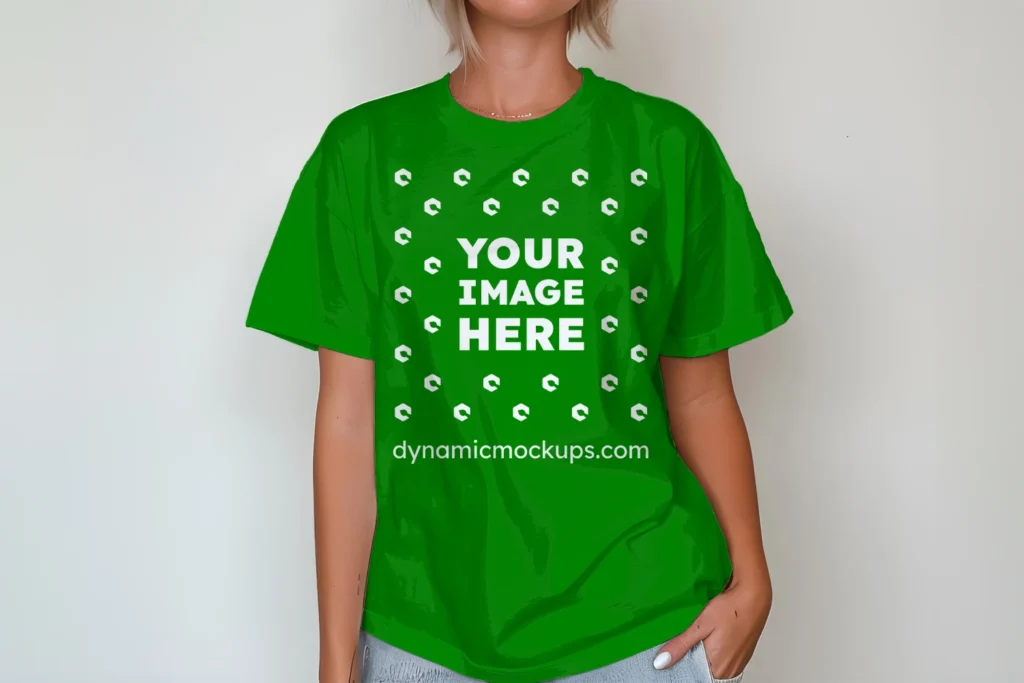 Woman Wearing Green T-shirt Mockup Front View Template