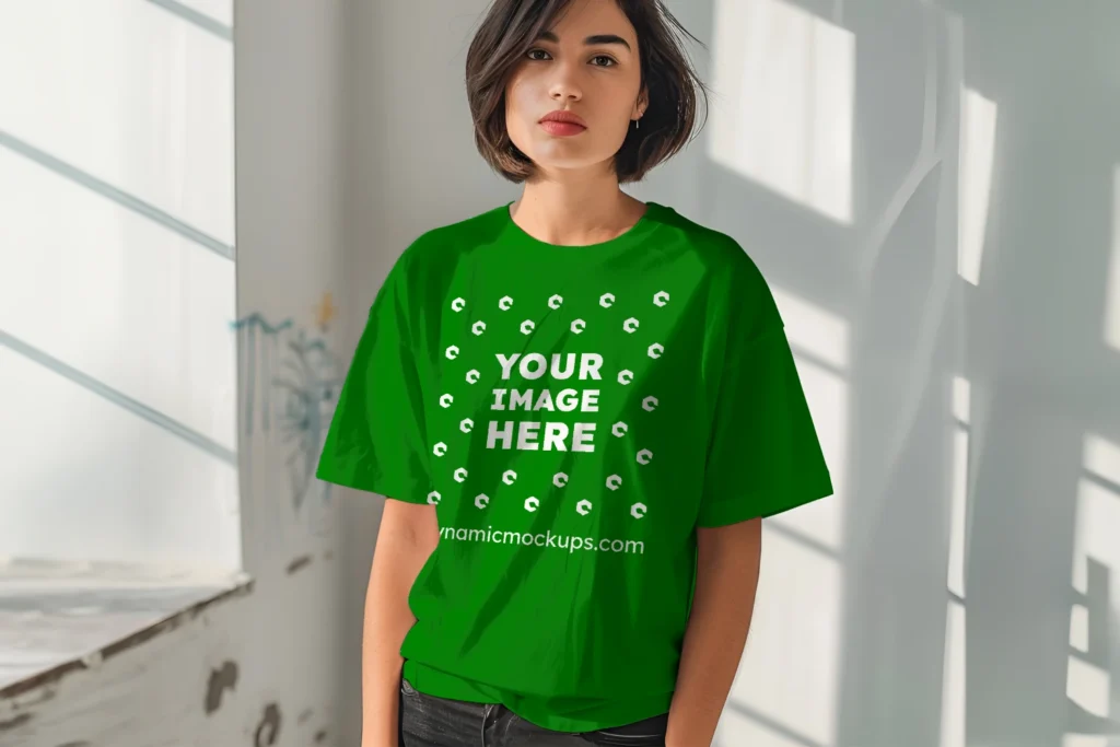 Woman Wearing Green T-shirt Mockup Front View Template