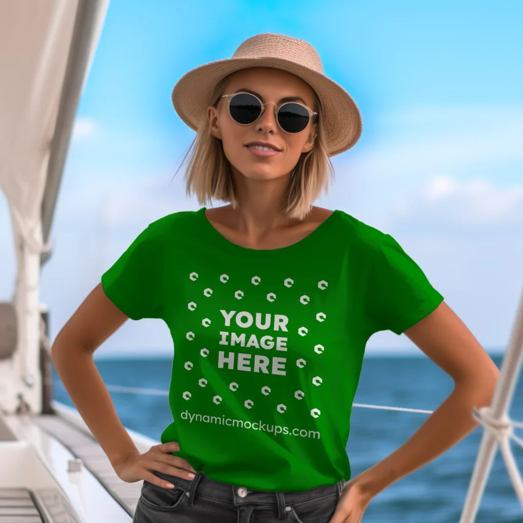 Woman Wearing Green T-shirt Mockup Front View Template