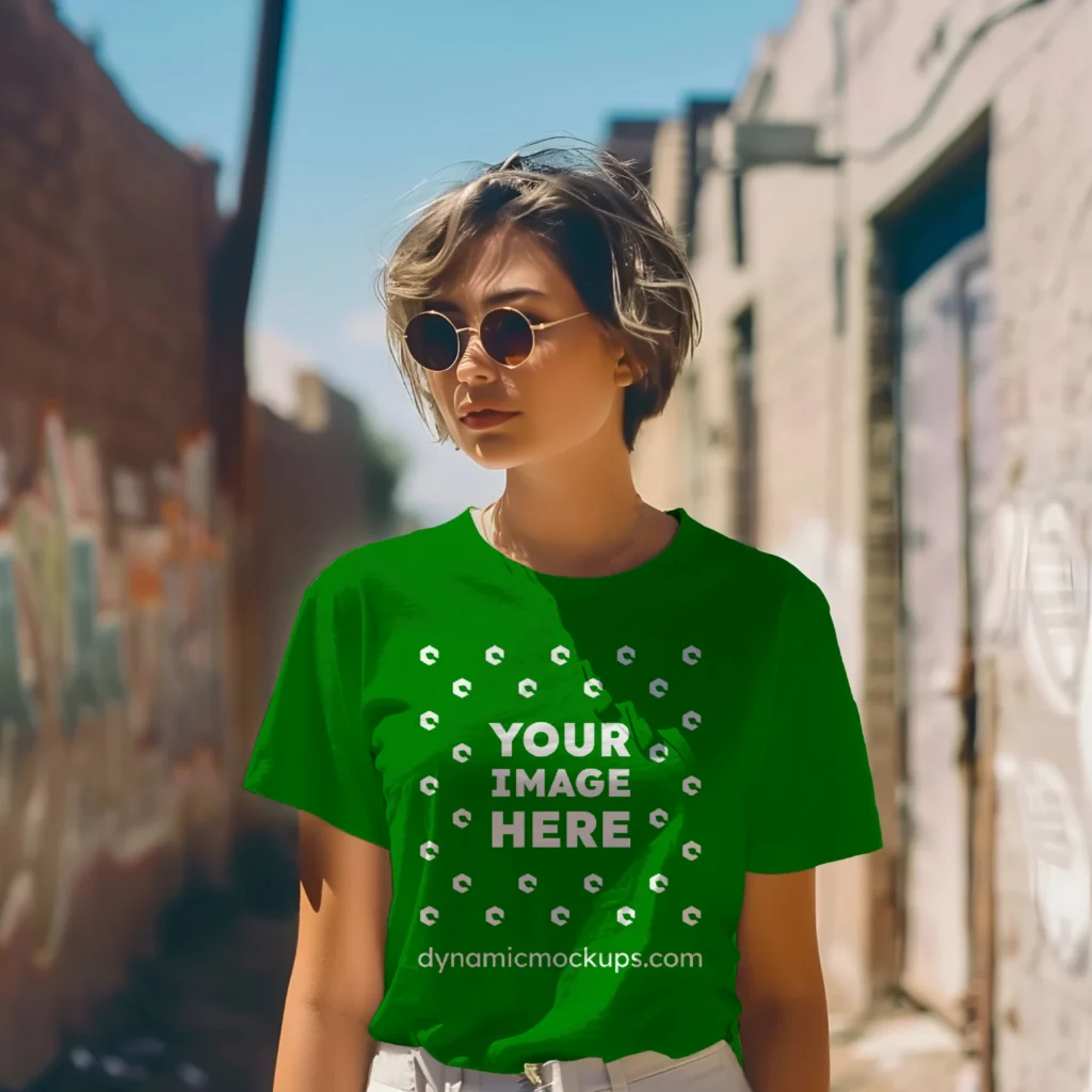 Woman Wearing Green T-shirt Mockup Front View Template