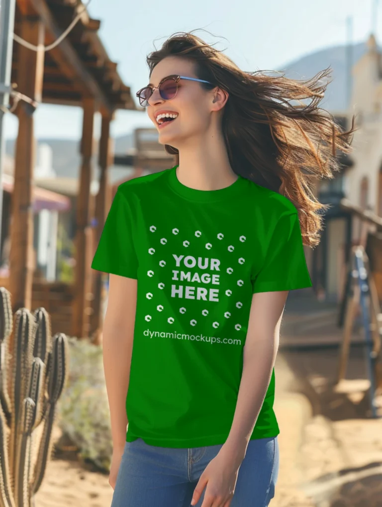 Woman Wearing Green T-shirt Mockup Front View Template