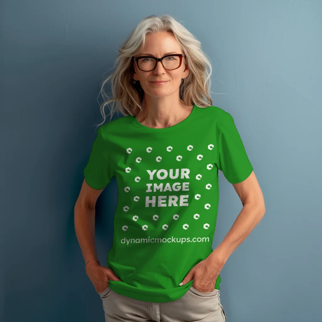 Woman Wearing Green T-shirt Mockup Front View Template