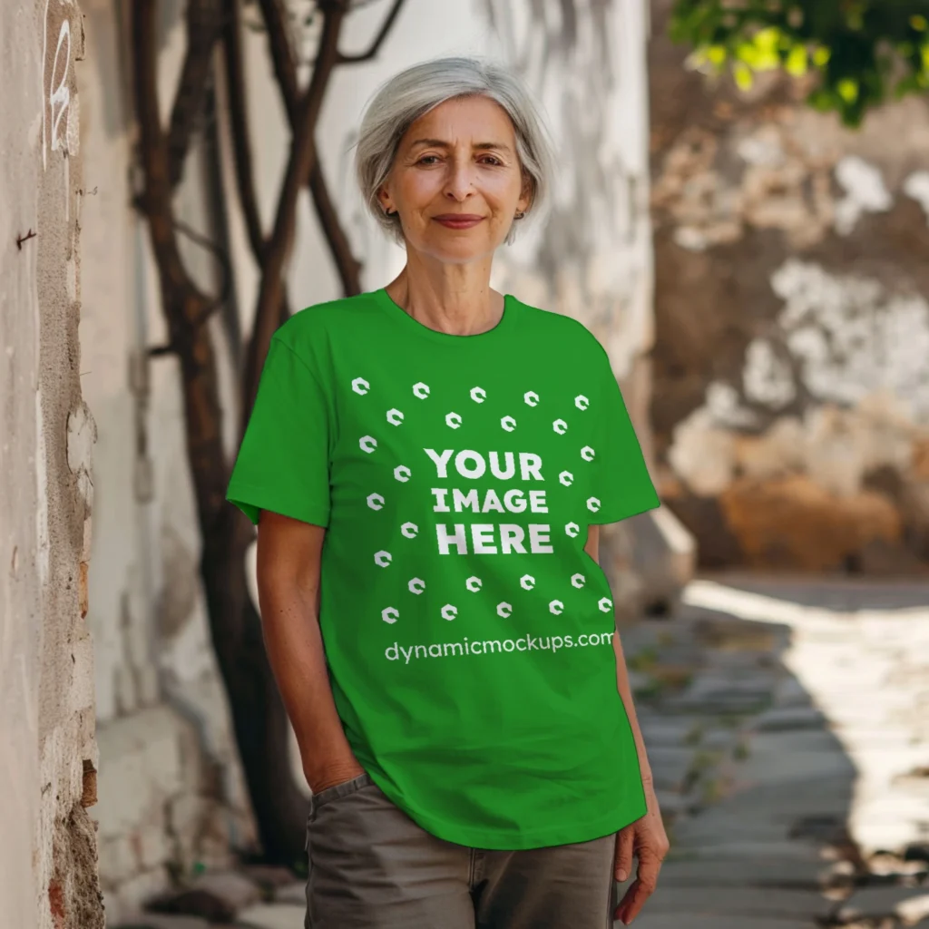 Woman Wearing Green T-shirt Mockup Front View Template