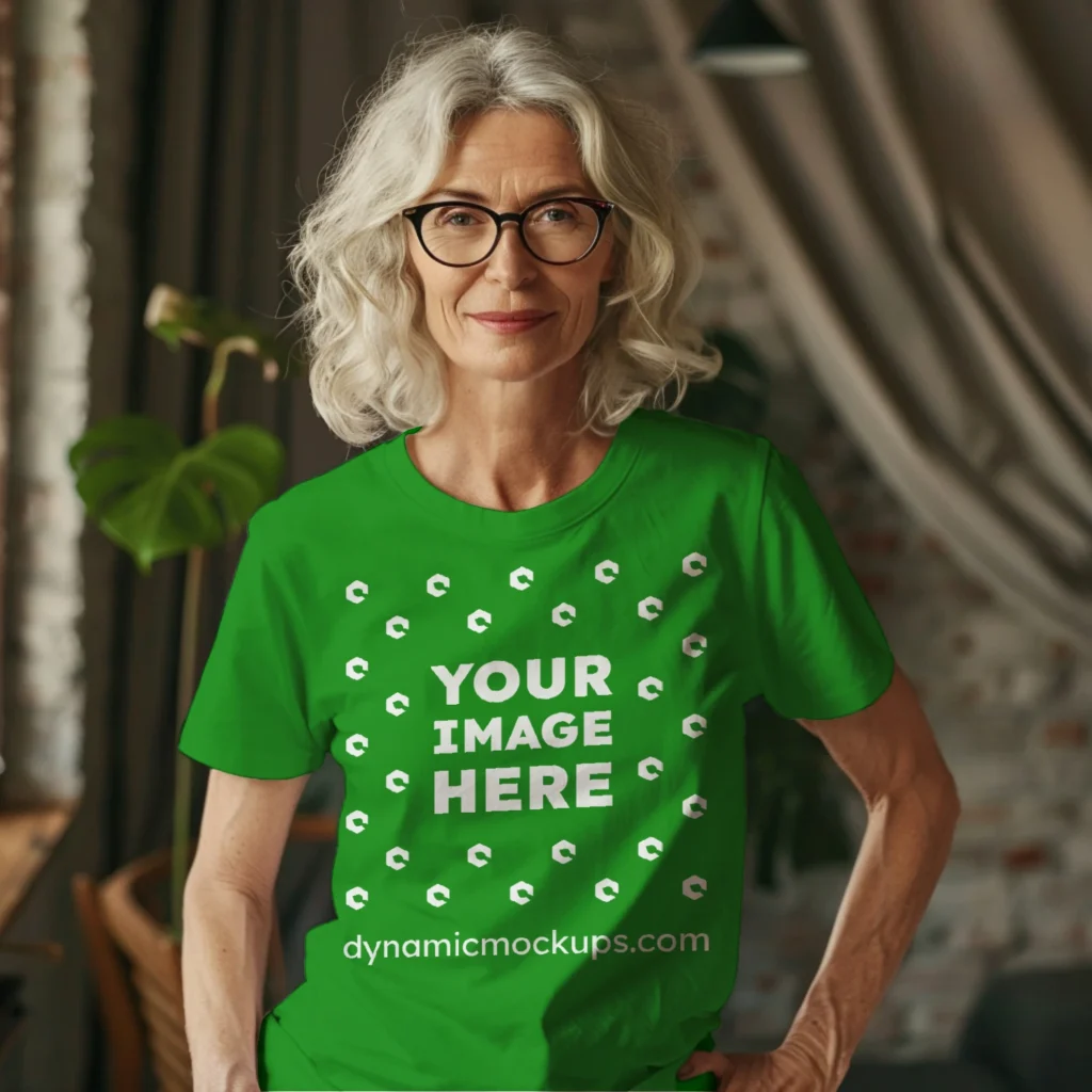 Woman Wearing Green T-shirt Mockup Front View Template