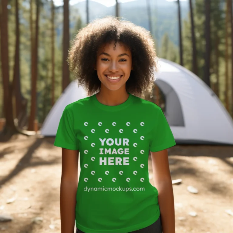 Woman Wearing Green T-shirt Mockup Front View Template