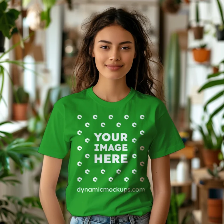 Woman Wearing Green T-shirt Mockup Front View Template