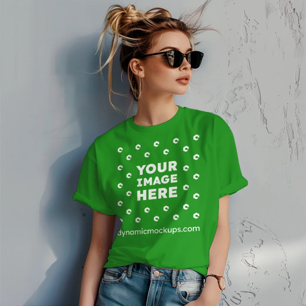 Woman Wearing Green T-shirt Mockup Front View Template