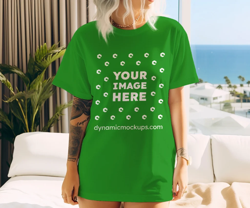 Woman Wearing Green T-shirt Mockup Front View Template