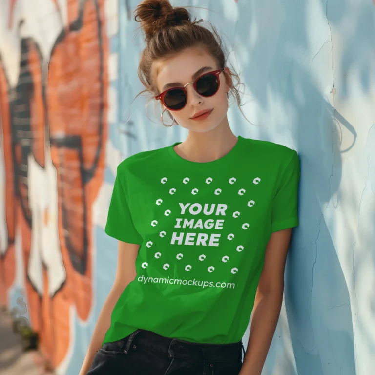 Woman Wearing Green T-shirt Mockup Front View Template