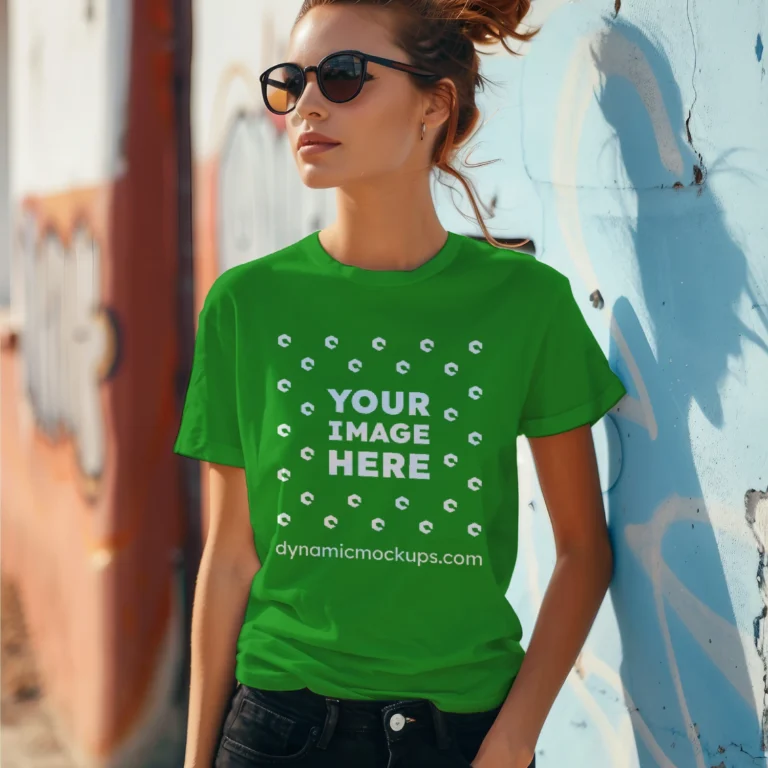 Woman Wearing Green T-shirt Mockup Front View Template