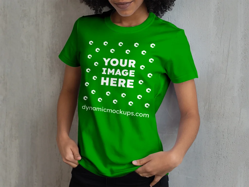 Woman Wearing Green T-shirt Mockup Front View Template