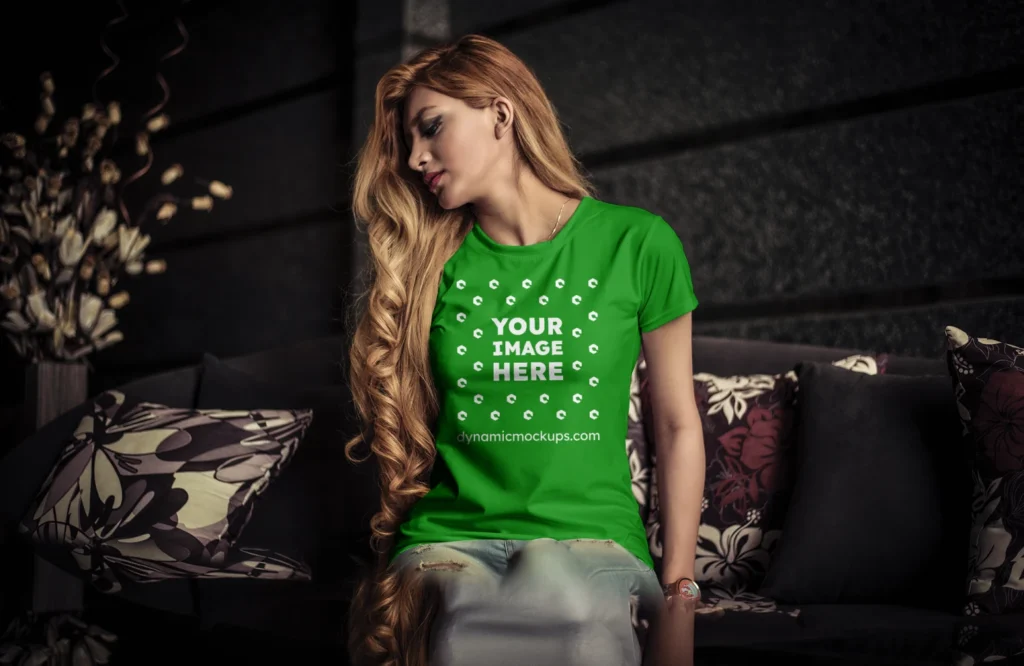 Woman Wearing Green T-shirt Mockup Front View Template