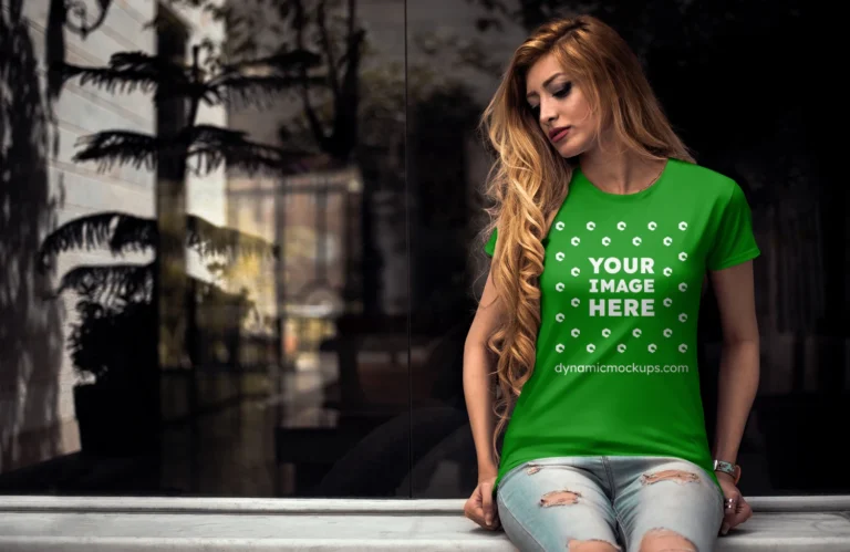 Woman Wearing Green T-shirt Mockup Front View Template