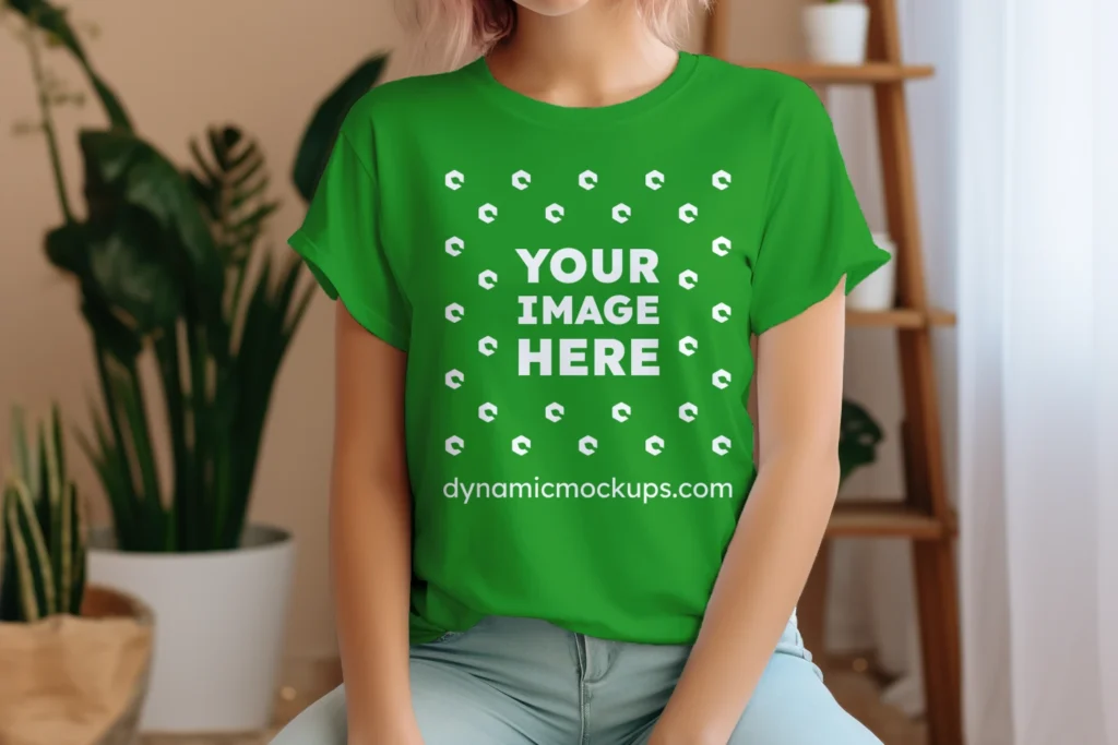 Woman Wearing Green T-shirt Mockup Front View Template