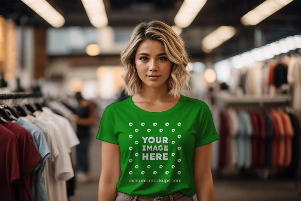 Woman Wearing Green T-shirt Mockup Front View Template