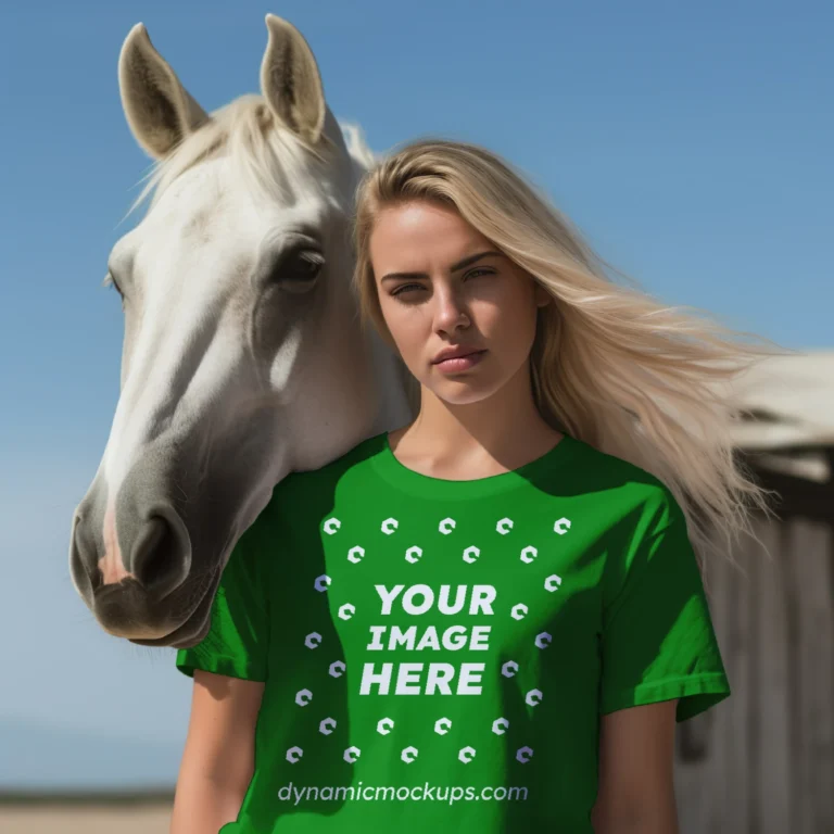 Woman Wearing Green T-shirt Mockup Front View Template