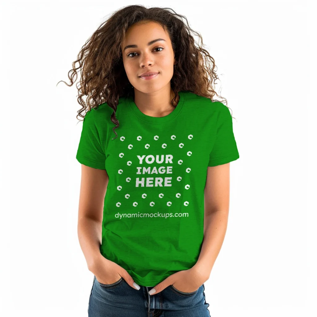 Woman Wearing Green T-shirt Mockup Front View Template