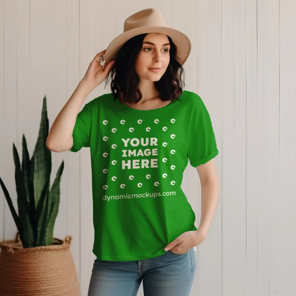 Woman Wearing Green T-shirt Mockup Front View Template