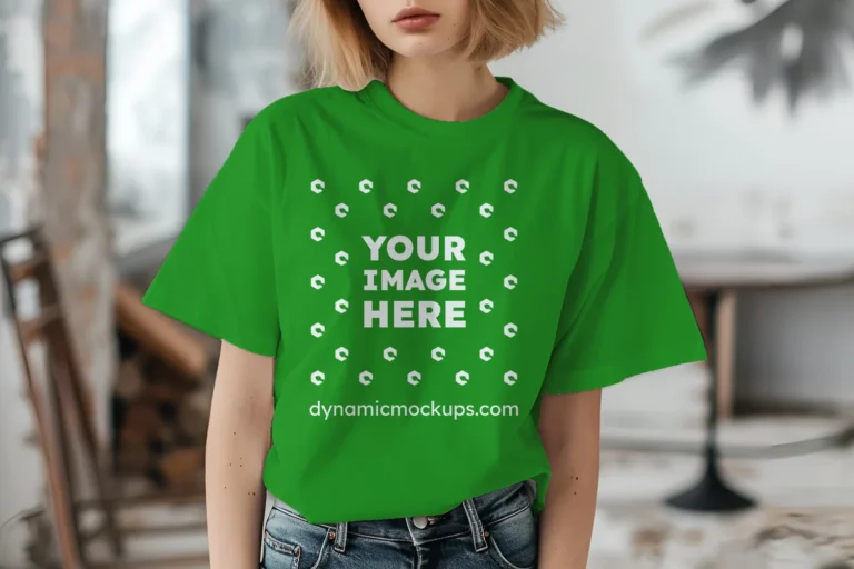 Woman Wearing Green T-shirt Mockup Front View Template