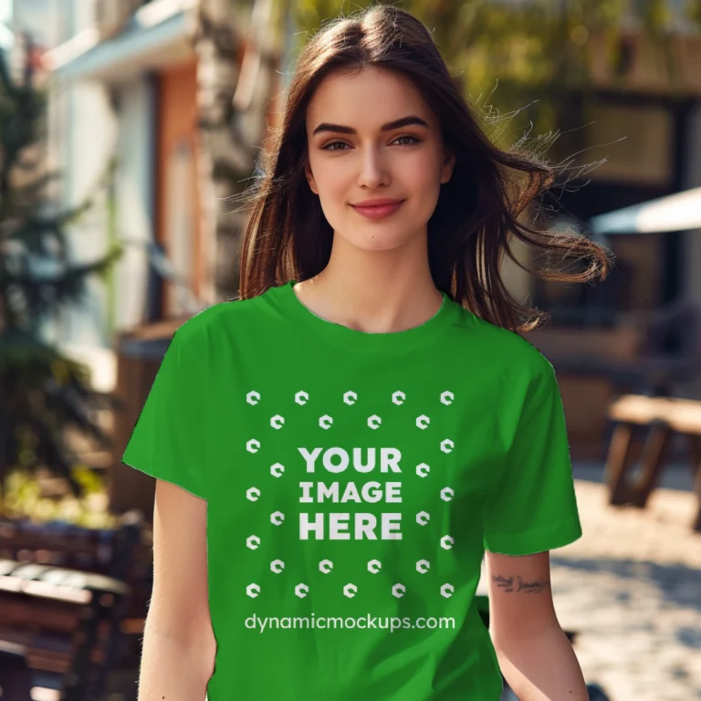 Woman Wearing Green T-shirt Mockup Front View Template