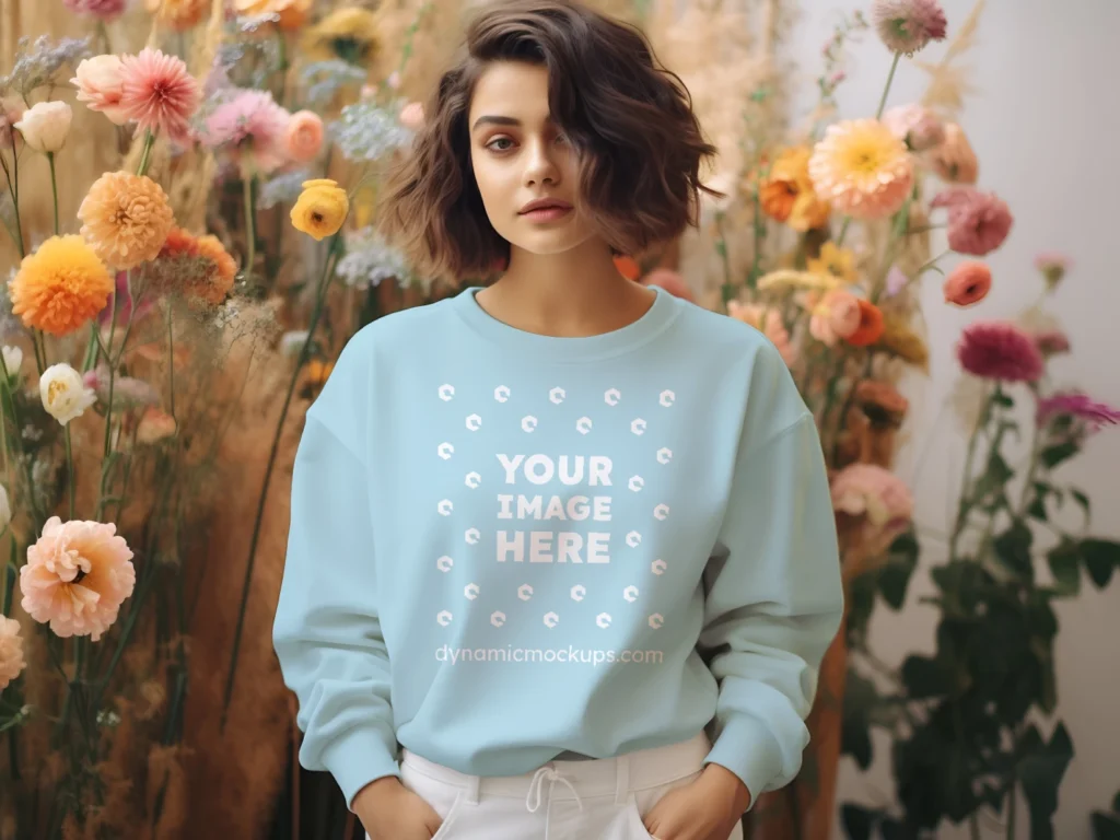 Woman Wearing Light Blue Sweatshirt Mockup Front View Template