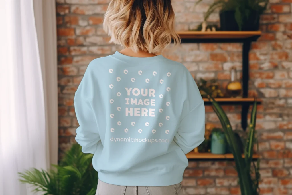 Woman Wearing Light Blue Sweatshirt Mockup Back View Template