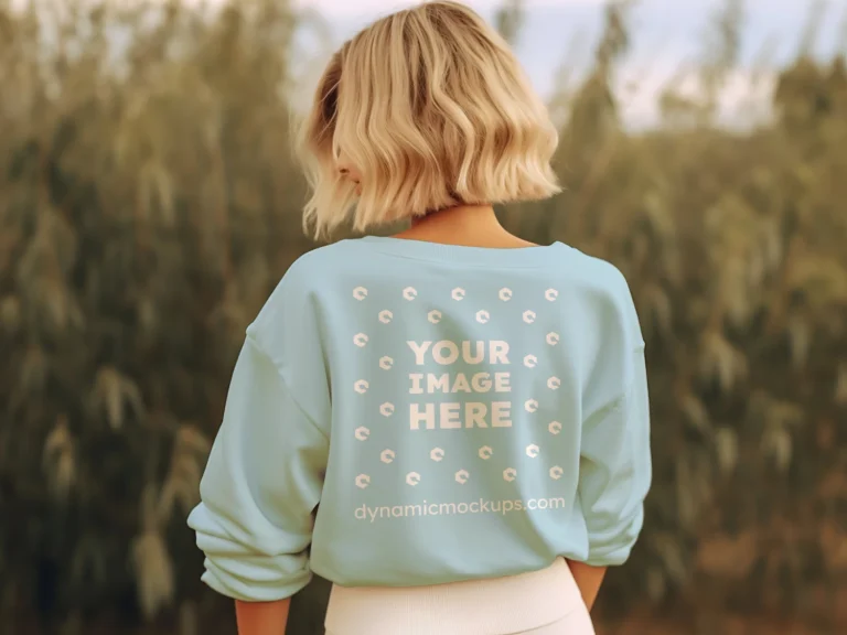 Woman Wearing Light Blue Sweatshirt Mockup Back View Template