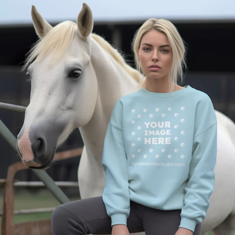 Woman Wearing Light Blue Sweatshirt Mockup Front View Template