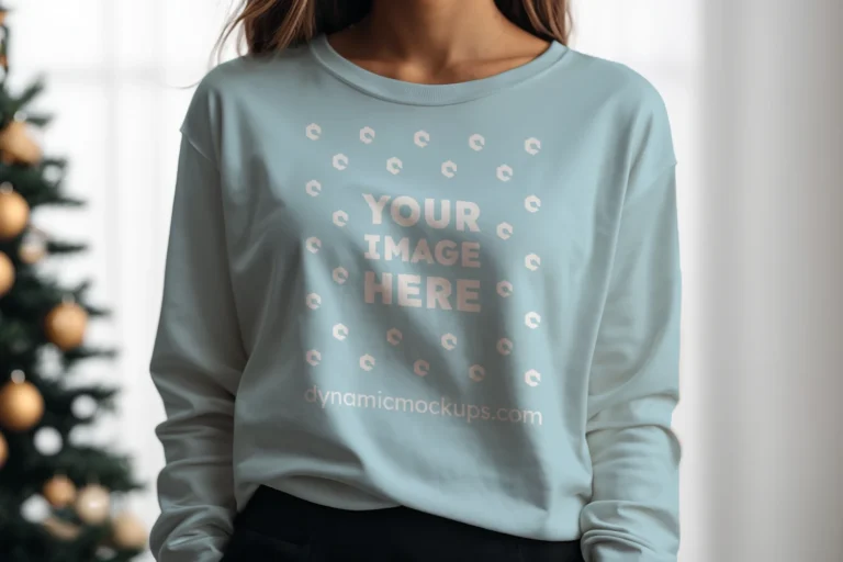 Woman Wearing Light Blue Sweatshirt Mockup Front View Template