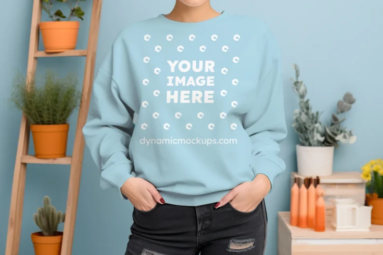 Woman Wearing Light Blue Sweatshirt Mockup Front View Template