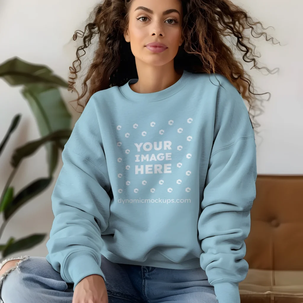 Woman Wearing Light Blue Sweatshirt Mockup Front View Template